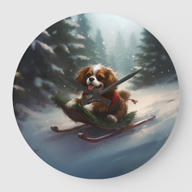 Grande Horloge Ronde Cavalier King Charles Spaniel neige de Noël (Recto)