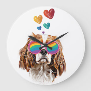 Grande Horloge Ronde Cavalier King Chien avec coeurs Saint-Valentin