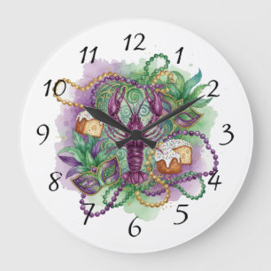 Grande Horloge Ronde Célébration de Mardi Gras à l'aquarelle