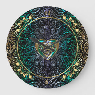 Grande Horloge Ronde Celtic Heart Mandala In Green and Gold