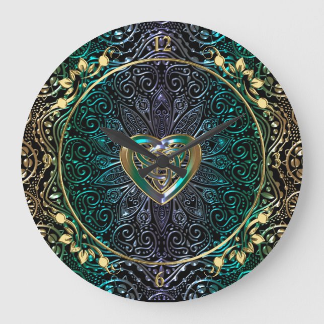 Grande Horloge Ronde Celtic Heart Mandala In Green and Gold (Recto)