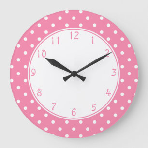 Grande Horloge Ronde Centre blanc Petits pois blancs sur fond rose vif