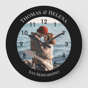 Grande Horloge Ronde Cercle noir personnalisé avec textes haut et bas