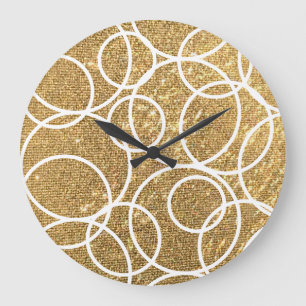 Grande Horloge Ronde Cercles blancs géométriques Parties scintillant or