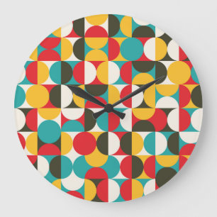 Grande Horloge Ronde Cercles rétro : Motif Hipster coloré.