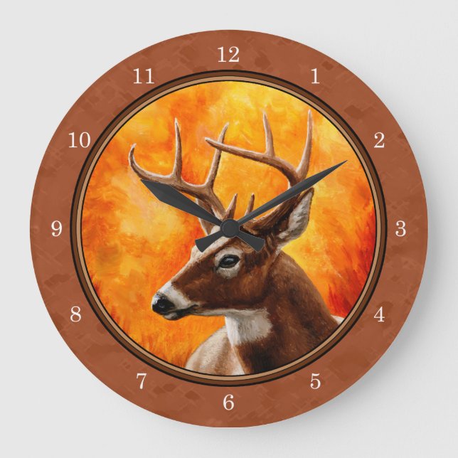 Grande Horloge Ronde Cerf blanc en automne Brown rouge (Recto)