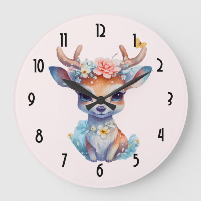 Grande Horloge Ronde Cerf de Bébé mignon avec Antlers et Fleurs (Recto)