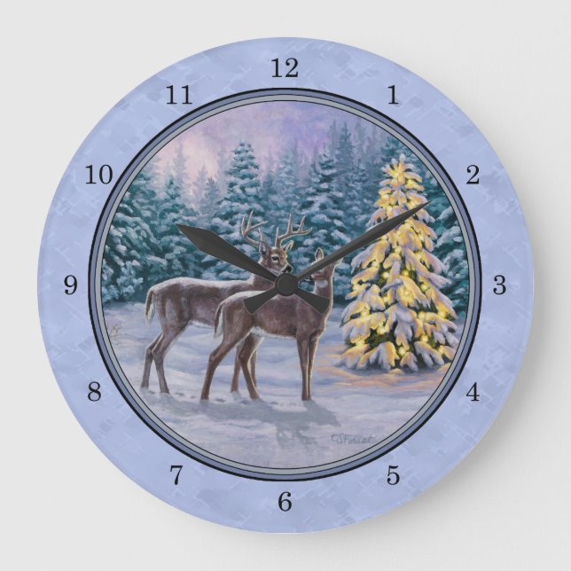 Grande Horloge Ronde Cerf et arbre de Noël Bleu d'hiver (Recto)