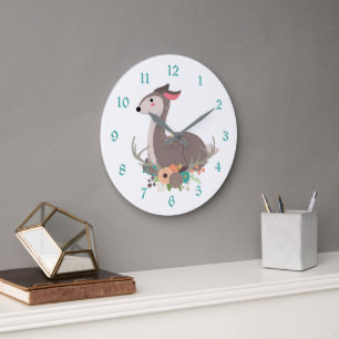 Grande Horloge Ronde Cerf et bois de la forêt florale