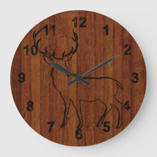 Grande Horloge Ronde Cerf sculpté dans un effet de bois sombre