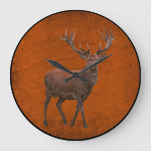 Grande Horloge Ronde cerf vintage en pleine nature orange