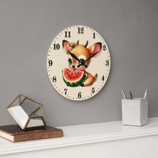 Grande Horloge Ronde Cerfs amateurs de pastèque mignons