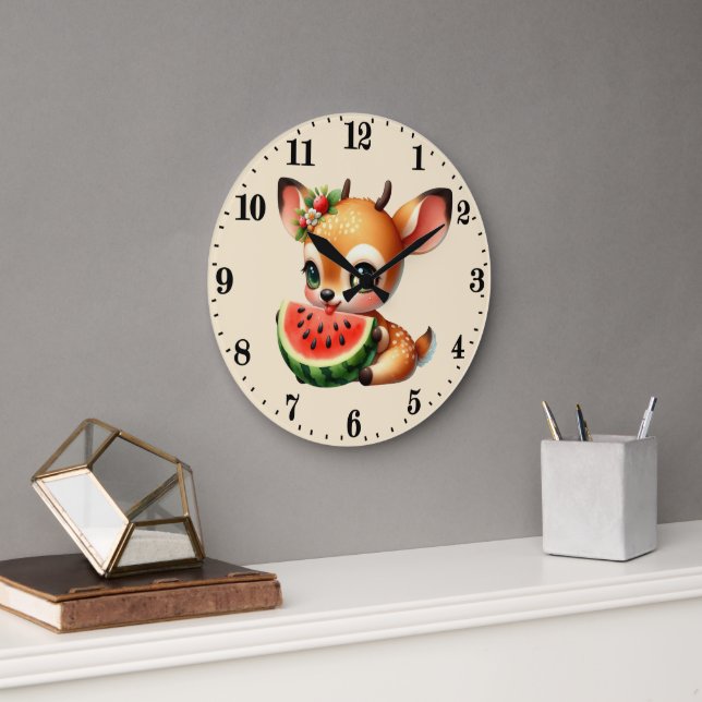 Grande Horloge Ronde Cerfs amateurs de pastèque mignons (Bureau)