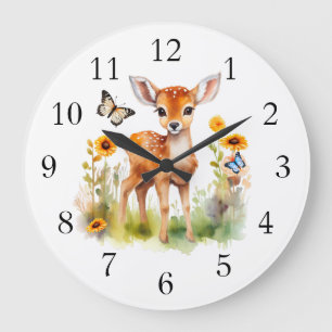Grande Horloge Ronde Cerfs et papillons animaux de bois mignons