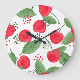 Grande Horloge Ronde Cerise Berries Vintage, Aquarelle Sans Fil.