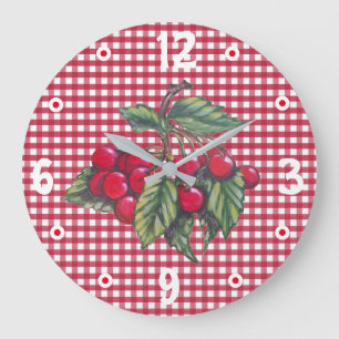 Grande Horloge Ronde Cerises Rouge & Blanc En vichy Cuisine Rétro Vint