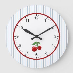 Grande Horloge Ronde Cerises rouges sur Bleu Motif graphique