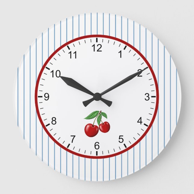 Grande Horloge Ronde Cerises rouges sur Bleu Motif graphique (Recto)