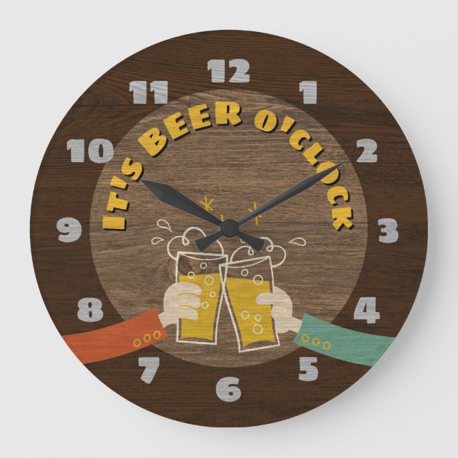 Grande Horloge Ronde C'est Beer O'Clock Dark Wood Texture Retro Cartoon (Recto)