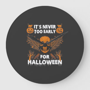 Grande Horloge Ronde C'est Jamais Trop Tôt Halloween Crâne Vigne Ailes_