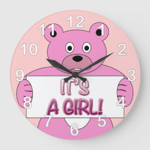 Grande Horloge Ronde C'est une fille rose ours