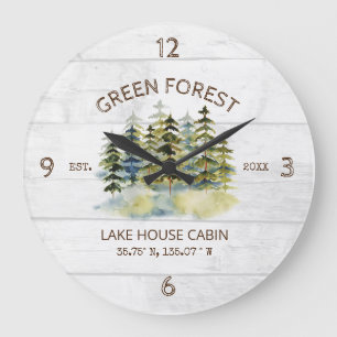 Grande Horloge Ronde Chalet de lodge aquarelle verte forêt brumeuse vin