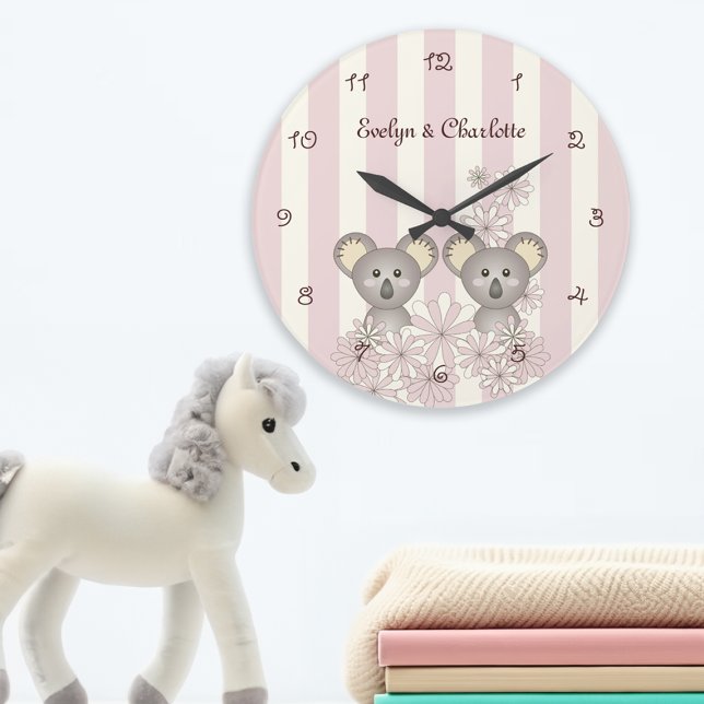 Grande Horloge Ronde Chambre de bébé jumeaux fille koala rose mignon /  (Créateur téléchargé)