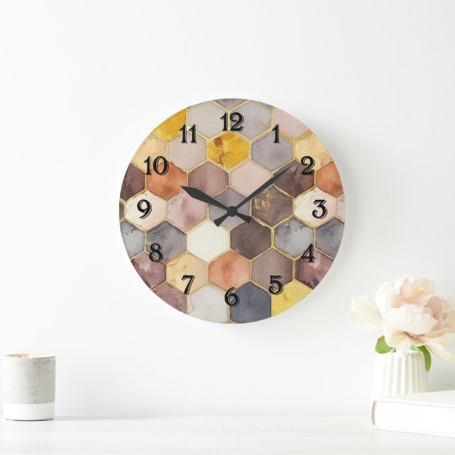 Grande Horloge Ronde Champagne Blush au peigne de miel de Glam Abstrait (Maison)