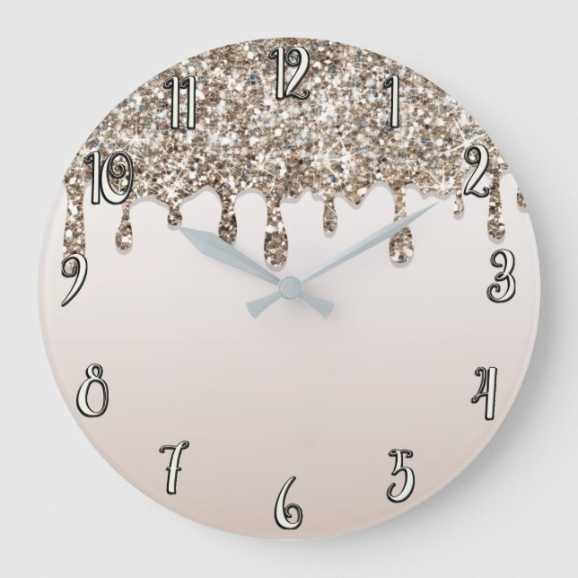 Grande Horloge Ronde Champagne or paillettes goutte girly chic moderne  (Recto)