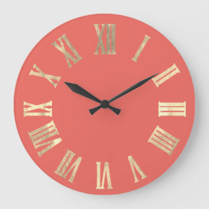 Grande Horloge Ronde Champaigne Gold Metal Minimal Roman Number Coral