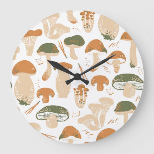 Grande Horloge Ronde Champignons comestibles Linocut Motif Vintage