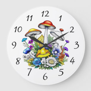 Grande Horloge Ronde Champignons et fleurs magiques