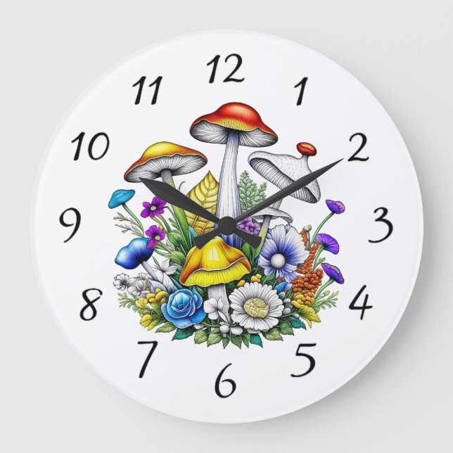 Grande Horloge Ronde Champignons et fleurs magiques (Recto)