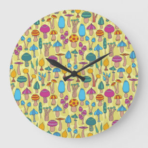 Grande Horloge Ronde Champignons magiques Doodle Motif sans couture