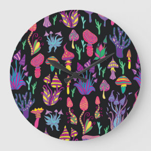 Grande Horloge Ronde Champignons psychédéliques Motif des couleurs arc-