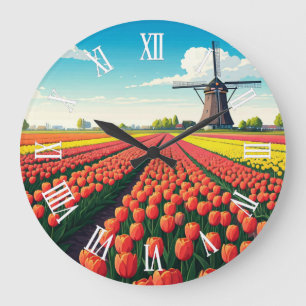 Grande Horloge Ronde Champs de tulipes moulin à vent Hollande Pays-Bas