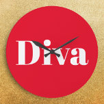 Grande Horloge Ronde Chanteuse d'opéra diva interprète musicale thème m<br><div class="desc">Gardez la bonne heure, restez sur la bonne voie et ajoutez une touche glamour à votre mur avec cette horloge vibrante, qui présente le mot Diva en blanc sur fond rouge. Sûr de frapper la bonne note auprès des amateurs de musique, cette pièce accrocheuse allie une audace flamboyante à sa...</div>