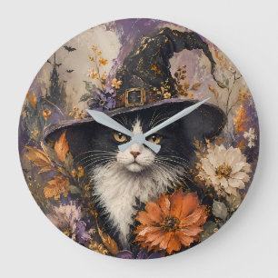 Grande Horloge Ronde Chapeau de sorcière de chat noir vintage floral d'
