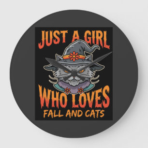 Grande Horloge Ronde Chapeau de sorcière de fille chat d'Halloween Dess