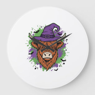 Grande Horloge Ronde Chapeau de sorcière de vache des Highlands Hallowe