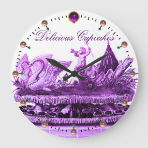 GRANDE HORLOGE RONDE CHARIOT POURPULAIRE DE SWANS AVEC DES CUPCAKES ET