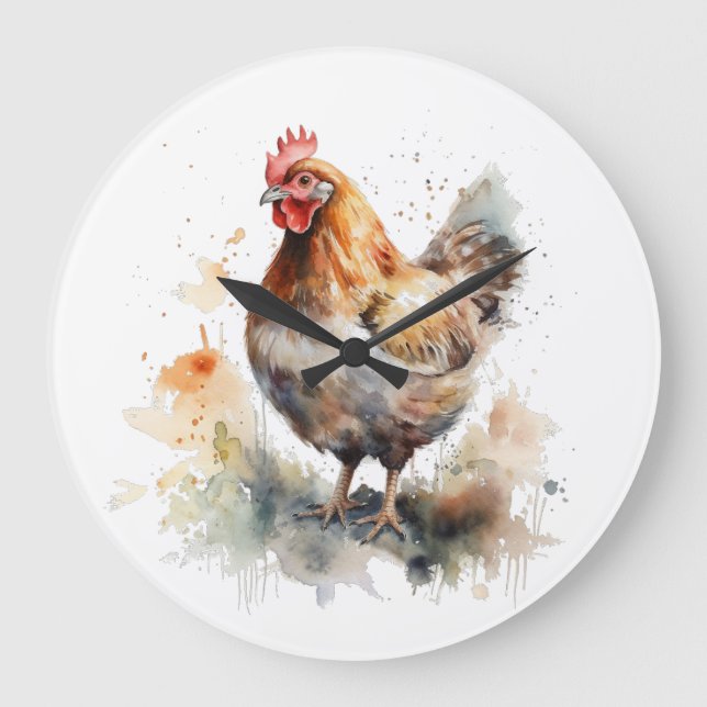 Grande Horloge Ronde Charme de la ferme : Aquarelle de poulet (Recto)