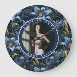 Grande Horloge Ronde Charme de lys bleus personnalisables pour l'annive