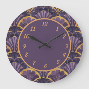 Grande Horloge Ronde Charme Vintage Pourpre & Or Motif Éventail Art Déc