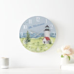 Grande Horloge Ronde Charming Watercolor Lighthouse Nom de la scène côt<br><div class="desc">Une belle scène — le Charming Coastal White and Red Lighthouse — le petit voilier au loin — personnalisée avec le nom de famille, comme vous le souhaitez. Toute question de conception n’est qu’à envoyer un conversation ou un courriel à charmdesignstudio@rcn.com et nous serons ravis de vous aider.</div>