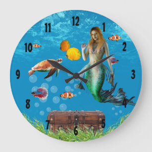 Grande Horloge Ronde Chasse au trésor sous-marin Sirène Imaginaire bleu
