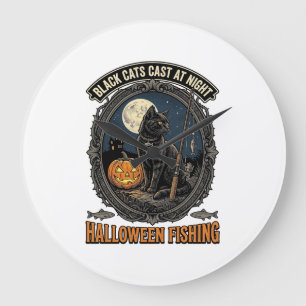 Grande Horloge Ronde Chasse Halloween Chat Design de citrouille vintage