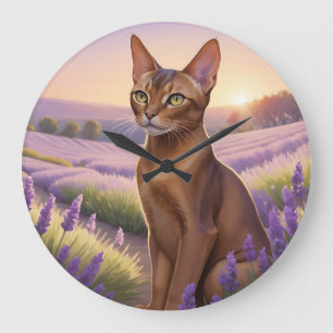 Grande Horloge Ronde Chat abyssin en champ de lavande