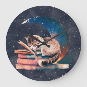 Grande Horloge Ronde Chat adorable sur la Lune lisant un livre