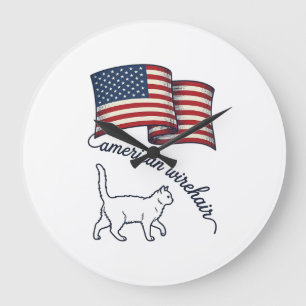 Grande Horloge Ronde Chat américain à poil dur patriotique Design vinta